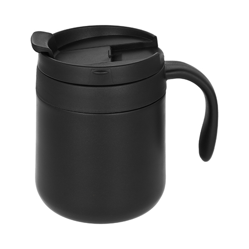 T-99, Taza con doble pared de acero inoxidable con base de silicón, asa de plástico y tapa de presión con válvula de seguridad. Cap. 365 ml.